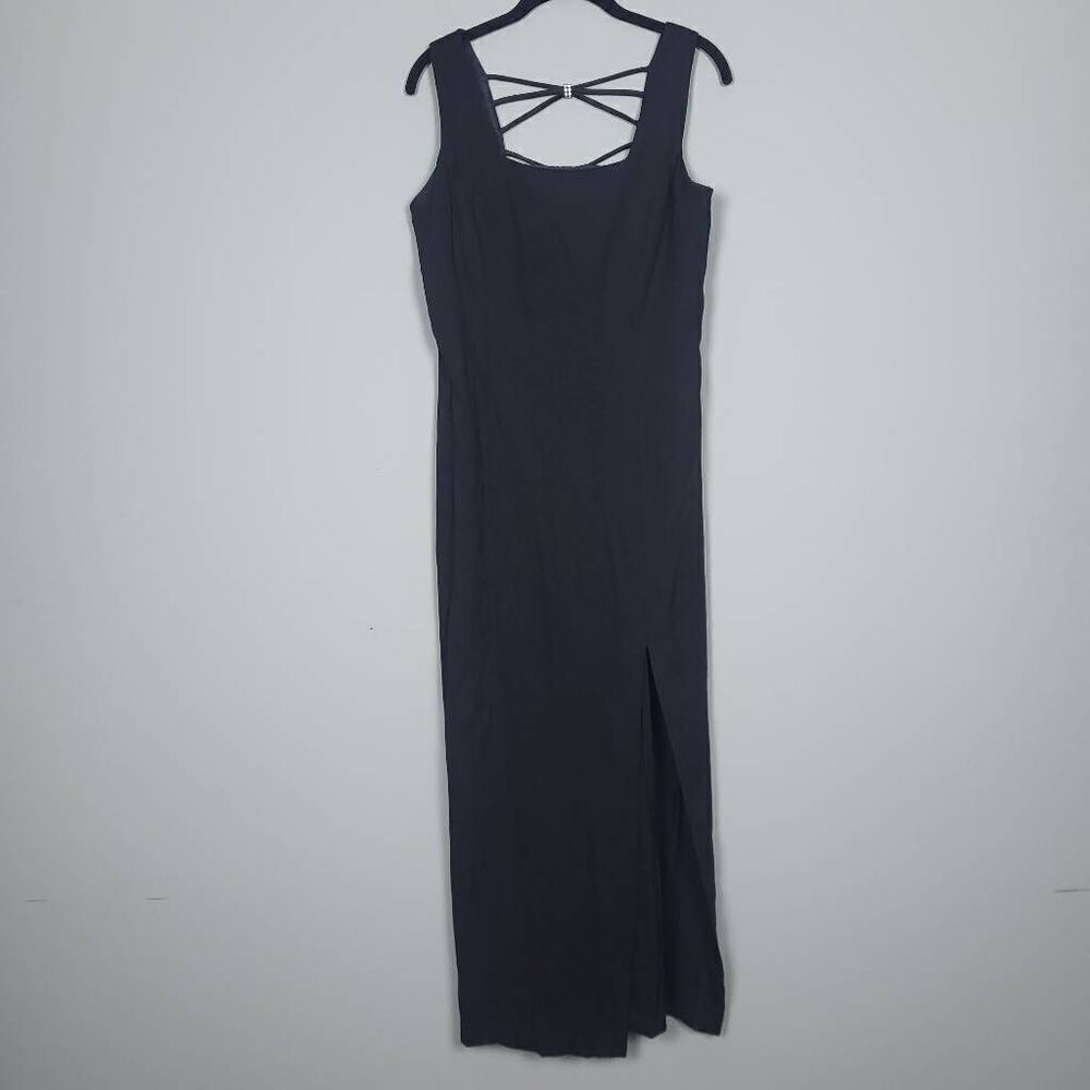 VTG 90s DBY Womens Rhinestone Maxi Dress Sz 9 Black Square Neck Criss Cross Back